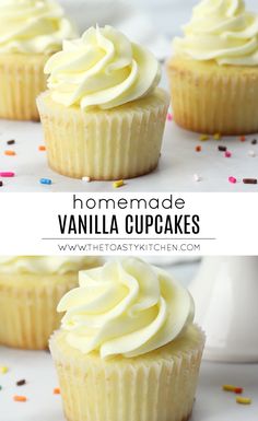 vanilla cupcakes with white frosting and sprinkles on the side