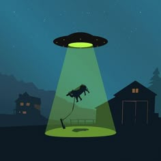 an alien flying through the night sky over a field with a dog tied to a pole