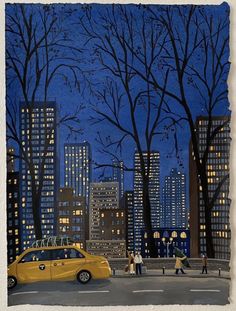 a painting of people crossing the street in front of a yellow taxi cab at night