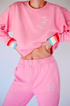 The Lounge Set - The Mighty Company Neon Pastel, Rainbow Logo, Painted Jacket, Custom Denim, Matching Sweatshirts, Pink Rainbow, Pink Sweatshirt, Logo Embroidery