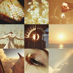 a collage of images with the sun and moon in them, including an image of a woman's face