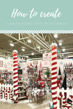 an indoor christmas display with red and white candy canes, snowflakes, and other holiday decorations