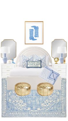 a white bed with blue and gold accents