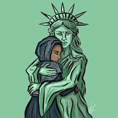 the statue of liberty holding a child with her arms wrapped around her head, in front of a green background