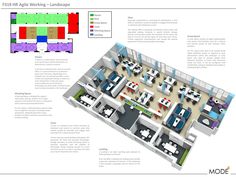 an office floor plan with desks, chairs and other items in it's center