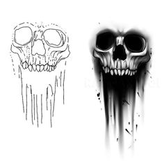 a skull with black and white paint on it's face next to a drawing of a