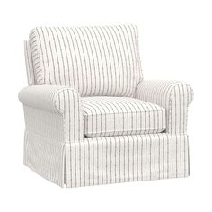 a white chair with striped fabric on the back and arms, in front of a white background