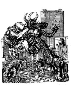 a black and white drawing of an animal attacking another animal in a cityscape