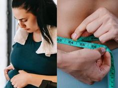 a pregnant woman measuring her waist with a green tape while sitting in a chair, and the image is split into two sections