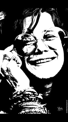 a black and white drawing of a smiling woman with glasses on her head, holding a cell phone to her ear