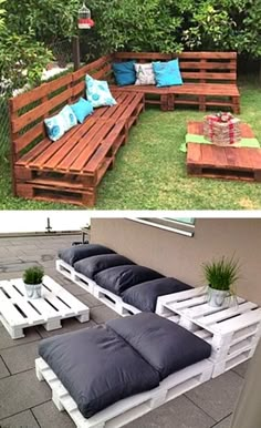 the before and after pictures show how to make an outdoor seating area out of pallets