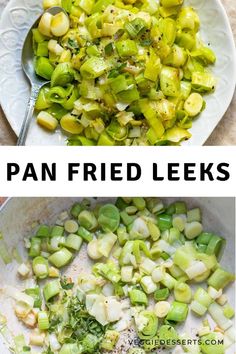 pan fried leeks with broccoli and parsley in a white bowl on a table