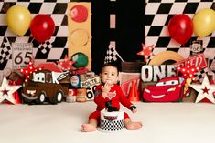 Boys first birthday car themed cake smash photoshoot Cars Birthday Photo Shoot Ideas, Race Car Themed Photoshoot, Pixar Cars Birthday Photoshoot, Race Car 1st Birthday Photoshoot, Lighting Mcqueen Photoshoot, Race Car First Birthday Photoshoot, Cars Smash Cake Disney, Cars Photoshoot Kids, Disney Cars Photoshoot