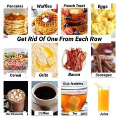 the words get rid of one from each row are shown in this graphic above breakfast, coffee, waffles, eggs, bacon, pancakes, and muffins