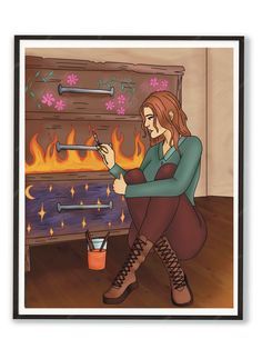 a woman kneeling down in front of a fire place holding a pipe and looking at it