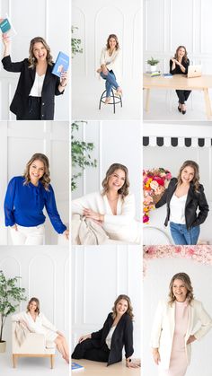 a collage of photos showing women in business attire sitting at a table and posing for the camera