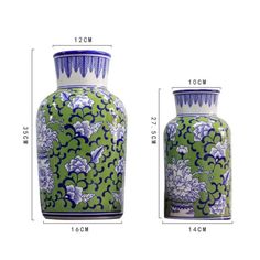 two vases are shown side by side with measurements