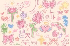 a bunch of different types of stickers on a white background with hearts, flowers and arrows