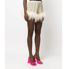 Never Worn. Elasticated Waistband, Thigh-Length And Slip-On Style Spring Party Bottoms With Feathers, Summer Party Bottoms With Feather Trim, Elegant Feather Trim Bottoms For Summer, Chic Summer Bottoms With Feathers, Chic Feathered Bottoms For Summer, Elegant Spring Bottoms With Feathers, Metallic Shorts, Ostrich Feathers, Slip On