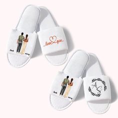 [ELEGANT DESIGN]: The wedding couple's slippers adopt an open-toe style to keep their feet breathable and comfortable.  You can customize the image and name of the couple according to their characteristics on the right slipper, and there are ten patterns to choose from on the left slipper. These slippers not only reflect your nice taste but also show your charm and make you the focus of the crowd.
[SOFT MATERIAL]: Our wedding slippers are made of cotton material, which is friendly to the skin an Couple Slippers, Wedding Slippers, Wedding Anniversary Gift, Birthday Favors, Wedding Anniversary Gifts, Wedding Couples, Party Gifts, Bride And Groom, Soft Material