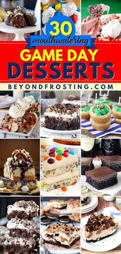 30 Mouthwatering Game Day Desserts, football party food, easy game day snacks, dessert ideas, homegating, tailgating Easy Dessert For Football Party, Game Day Food Sweets, Desserts For Tailgating Football Parties, Desserts For Team Dinners, Dessert For Game Day, Tailgate Food Sweets, Desserts For Football Games, Dessert Recipes For Football Party