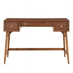 a wooden desk with two drawers on one side and an open drawer on the other