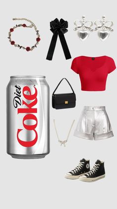 a woman's outfit and accessories including a coca - cola can