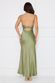 Length from bust to hem of size S: 120cm. Chest: 39cm, Waist: 32cm, across front only of size S. Maxi dress. Semi-lined. Model is a standard XS and is wearing size XS. True to size. Non-stretch. Satin. Twist detail to the back. Gathered top. Zipper with hook eye closure. Cold hand wash only. Polyester. Effortlessly chic in the Silk Shimmers Satin Maxi Dress. Featuring a captivating twist detail to the back and a delicately gathered top. Embrace timeless elegance with every step in this radiant dress that is sure to make you shine on any occasion. Pistachio Dress, Bridesmaid Things, Garden Formal, Wedding Maids, Realistic Fashion, Taylor Wedding, Gathered Top, Satin Formal Dress, Slay Outfits