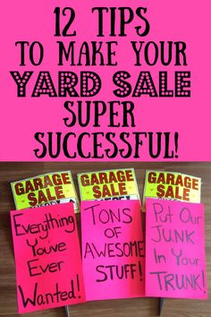 three signs that say garage sale and the words garage sale written on them