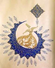 a drawing of a woman dancing on top of a blue and gold moon with an intricate design