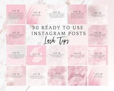 the instagram posts are pink and white with black lettering on them, which reads 30 ready to use instagram posts flash tips