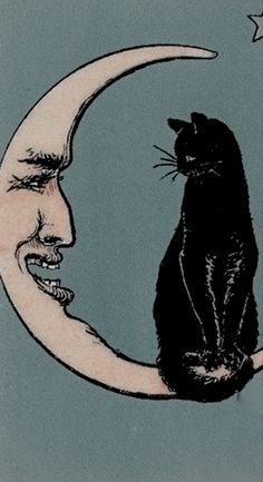 a drawing of a cat sitting on the moon with a smiling man's face