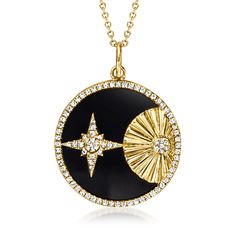 Ross-Simons - Onyx, .27ct t. w. Diamond Star Pendant Necklace in 14kt Yellow Gold. 18". Inspire your style with this celestial statement. Our bold pendant necklace features a 20mm round onyx slice sparked with .27 ct. t. w. diamond rounds in an artful star design. Finely crafted in polished 14kt yellow gold and suspended from a cable chain. Springring clasp, diamond and onyx star pendant necklace. Onyx Colour, Detailed Necklace, Star Pendant Necklace, Natural Gold, Diamond Star, Star Design, Star Pendant, Star Designs, Cable Chain