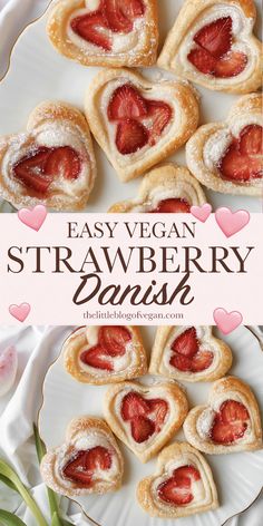 strawberry danish pastries on a plate with the words easy vegan strawberry danish in the middle