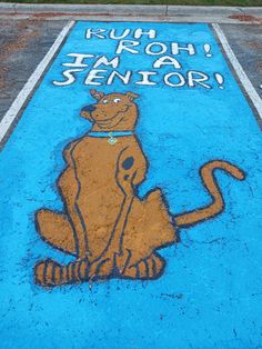 a painted sidewalk with a dog and cat on it that says run rooh i am a senior