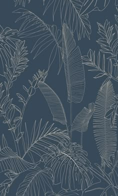 a blue and white wallpaper with tropical leaves on it's side, in the background is a dark blue sky