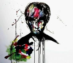 a drawing of a man's face with paint splattered all over it