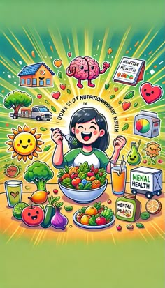 a woman is surrounded by many healthy foods