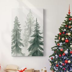 a christmas tree with presents under it in front of a wall hanging on the wall