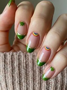 olive green French tips with rainbow half moon Rainbow St Patricks Day Nails, St Patricks Day French Tips, Minimalist St Patricks Day Nails, Short St Patricks Nails, Short Nail Designs Green, Fun French Tip Nails, Iris Nails