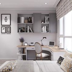 a bedroom with a bed, desk and bookshelves on the wall above it