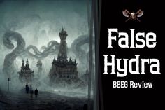 the cover for false hydra by bbeb review, with an image of people walking in front of it