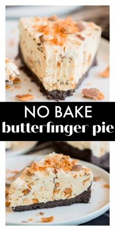 no bake butterfingered pie on a white plate with the title above it