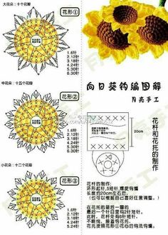 the instructions for crochet sunflowers are shown in english and chinese words