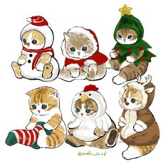 a group of cats sitting next to each other wearing christmas hats and scarves on their heads