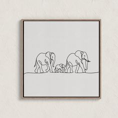 an elephant family is depicted in this minimalistic art print, which features two baby elephants and their mother