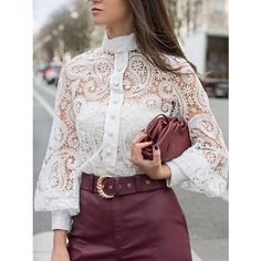 Fabric:Polyester; Sleeve Length:Long Sleeve; Look After Me:Hand wash,Machine wash; Gender:Women's; Style:Basic; Elasticity:Micro-elastic; Tops Type:Eyelet top,Shirt,Blouse; Occasion:Club,Party; Top Length:Regular; Pattern:Plain; Design:Lace up; Neckline:Standing Collar; Listing Date:07/05/2021; Bust:null; Length:null; Fit US Size:null; Fit UK Size:null; Fit EU Size:null White Lace Shirt, White Shirts Women, Top Ideas, Plain Blouse, Eyelet Top, Standing Collar, Elegant Blouses, Diy Keychain, Women Shirts Blouse