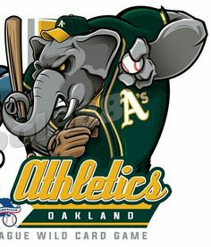 an elephant is holding a baseball bat and wearing a green uniform with the word athletics oakland on it