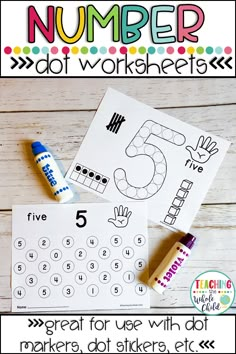 the number 5 dot marker worksheet is shown with markers and crayons