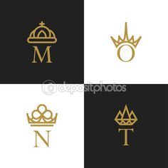 the letter m with a crown on top is shown in four different colors and font